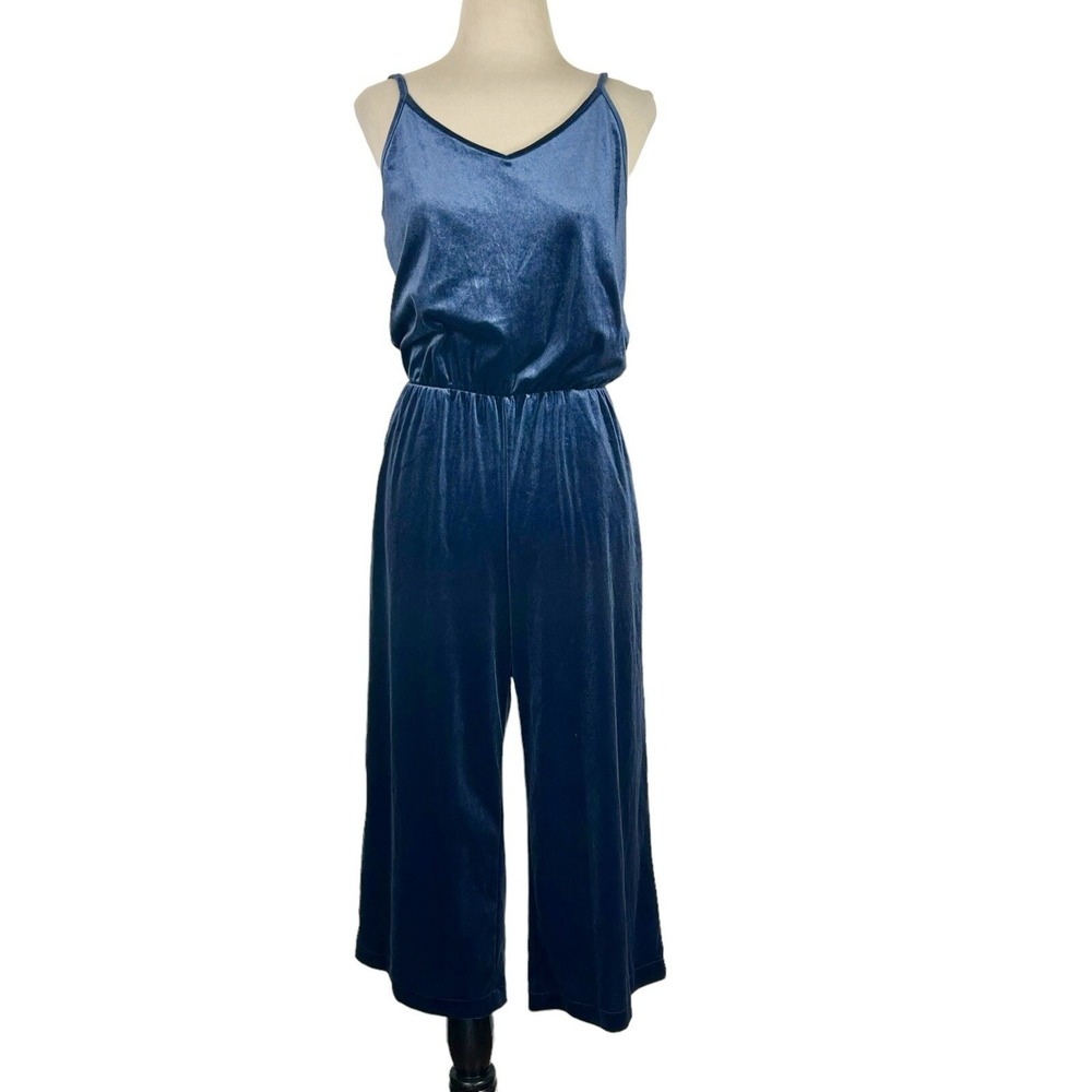 OLD NAVY Blue Velvet JUMPSUIT S Sleeveless Wide Leg Knit Crop Party Velour